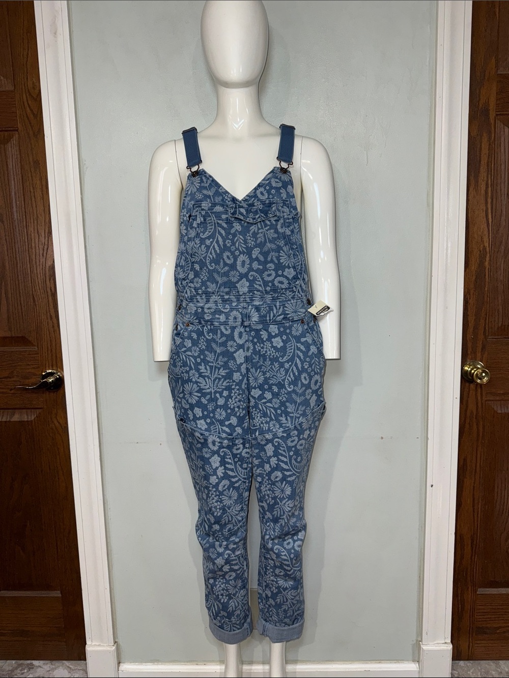 Duluth Trading Co Blue Botanical Print Denim Overalls Women Sz 10 Regular NWT!